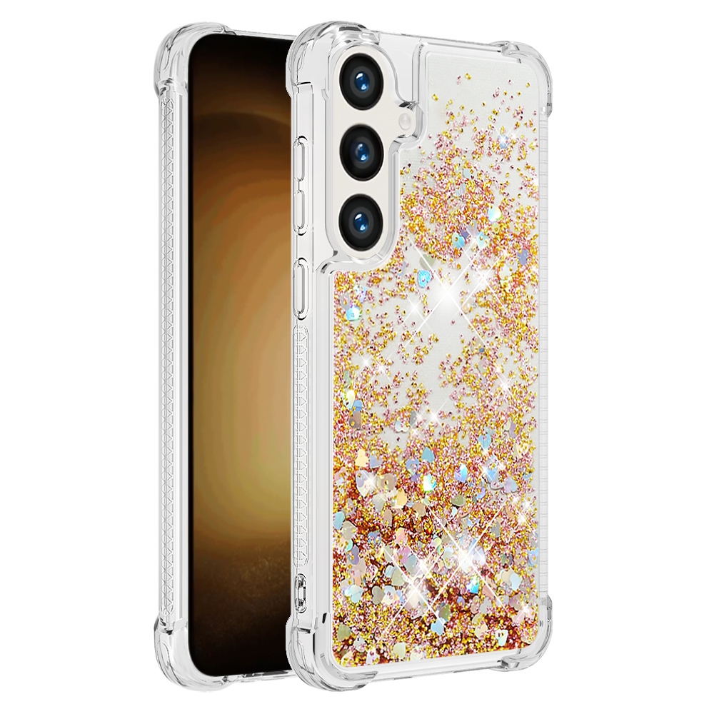 Glitter přesýpací gelový obal na Samsung Galaxy S26 FE/S25 FE - zlatý/srdíčka