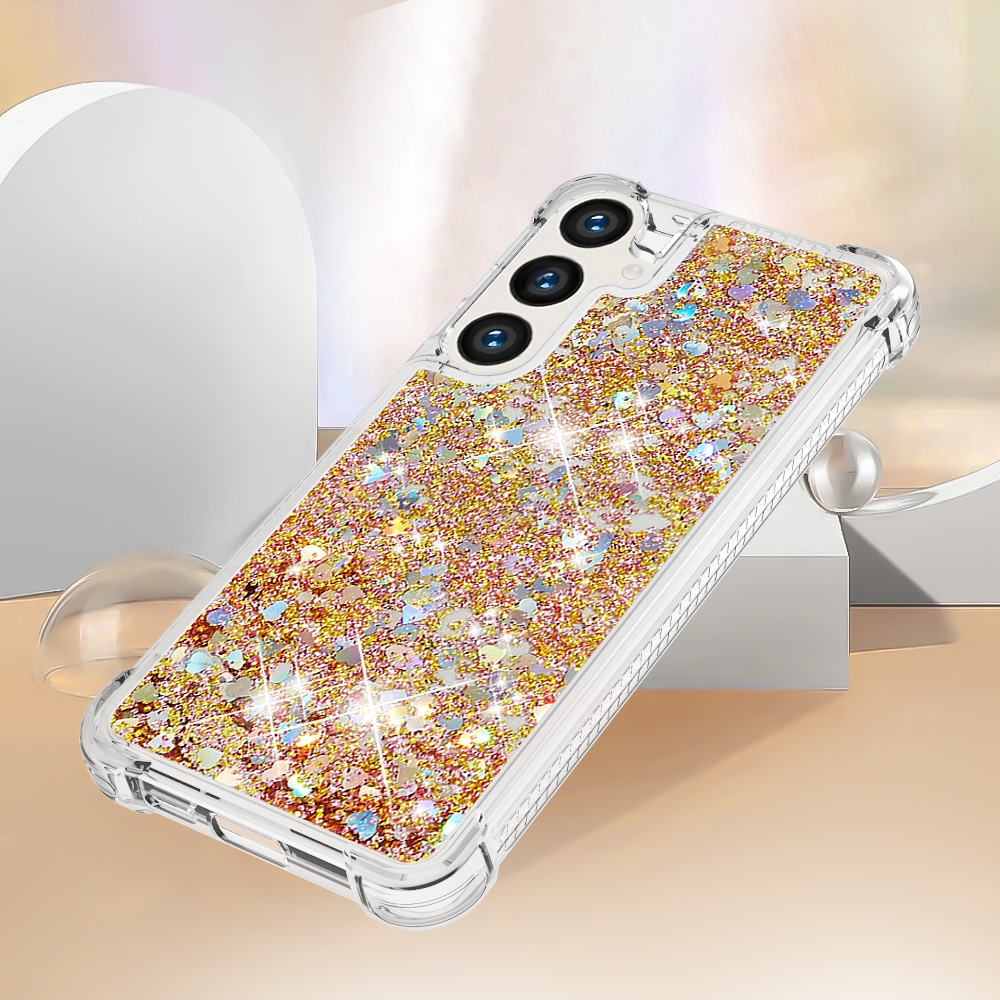 Glitter přesýpací gelový obal na Samsung Galaxy S26 FE/S25 FE - zlatý/srdíčka