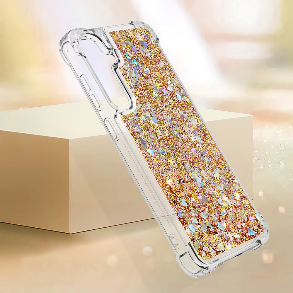 Glitter přesýpací gelový obal na Samsung Galaxy S26/S26 Pro - zlatý/srdíčka