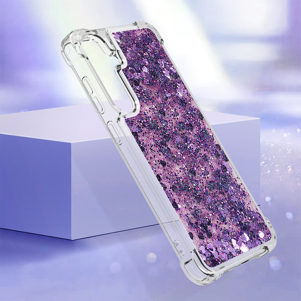 Glitter přesýpací gelový obal na Samsung Galaxy S26+ - tmavěfialový/srdíčka