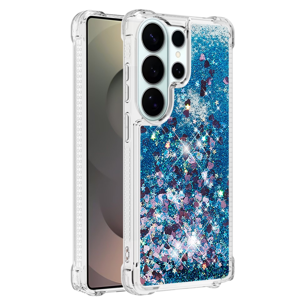 Glitter přesýpací gelový obal na Samsung Galaxy S26 Ultra - modrý/srdíčka