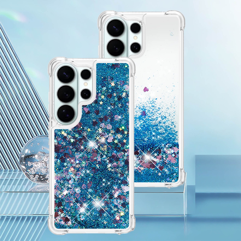Glitter přesýpací gelový obal na Samsung Galaxy S26 Ultra - modrý/srdíčka
