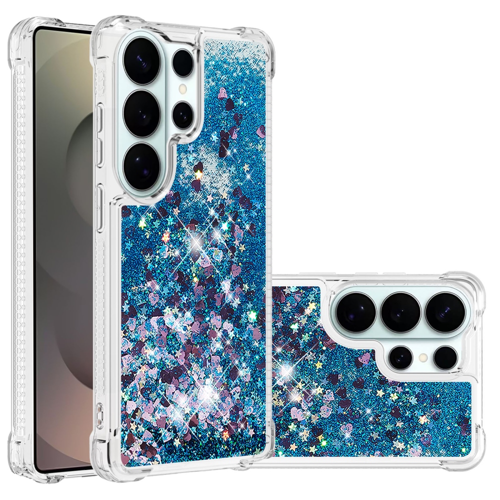 Glitter přesýpací gelový obal na Samsung Galaxy S26 Ultra - modrý/srdíčka