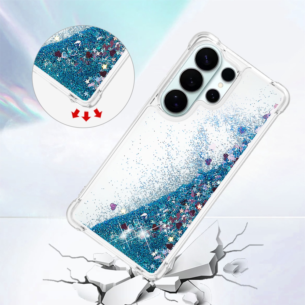 Glitter přesýpací gelový obal na Samsung Galaxy S26 Ultra - modrý/srdíčka