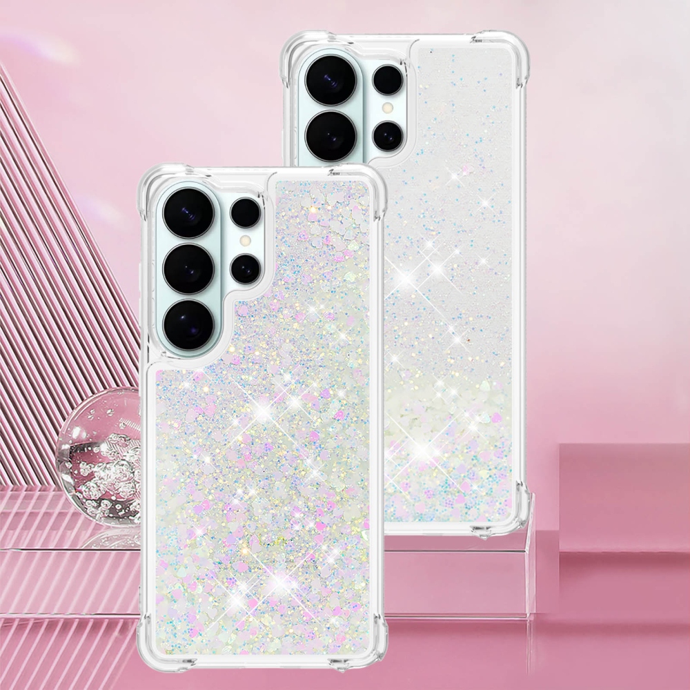 Glitter přesýpací gelový obal na Samsung Galaxy S26 Ultra - růžovostříbrný/srdíčka