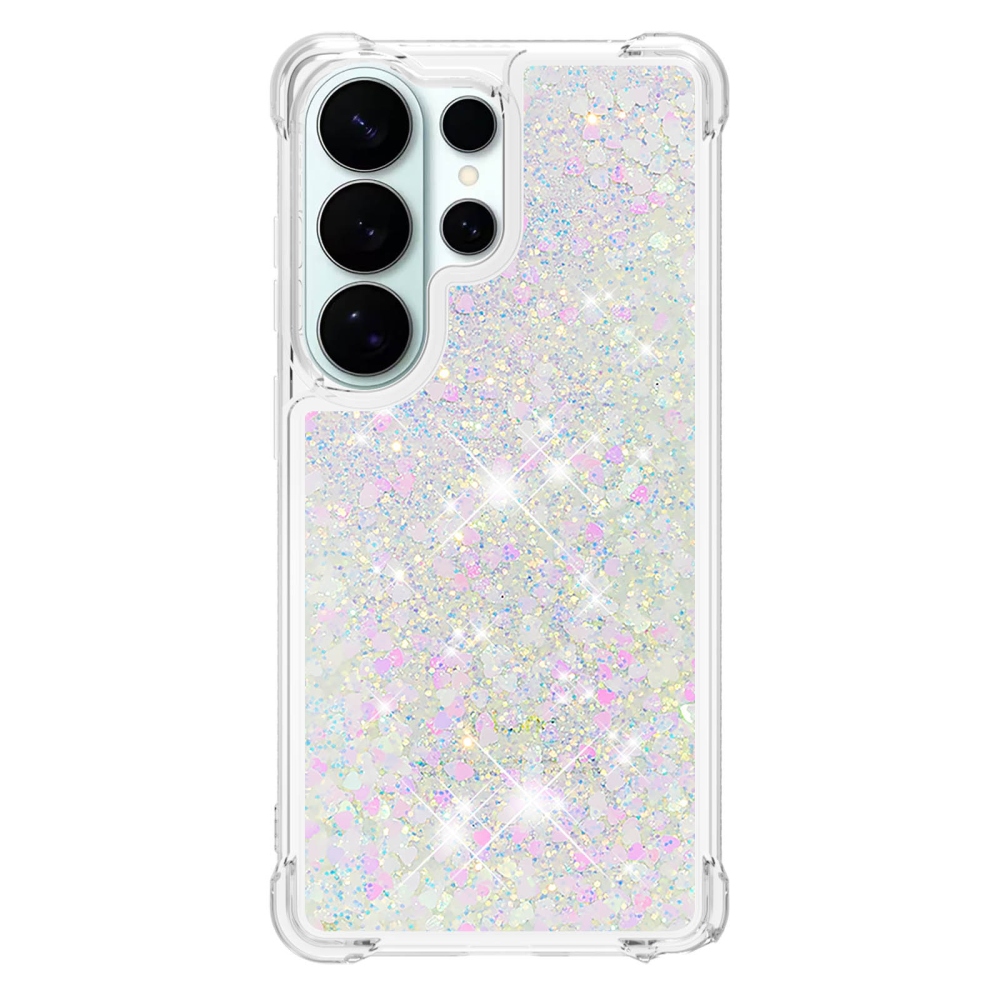 Glitter přesýpací gelový obal na Samsung Galaxy S26 Ultra - růžovostříbrný/srdíčka