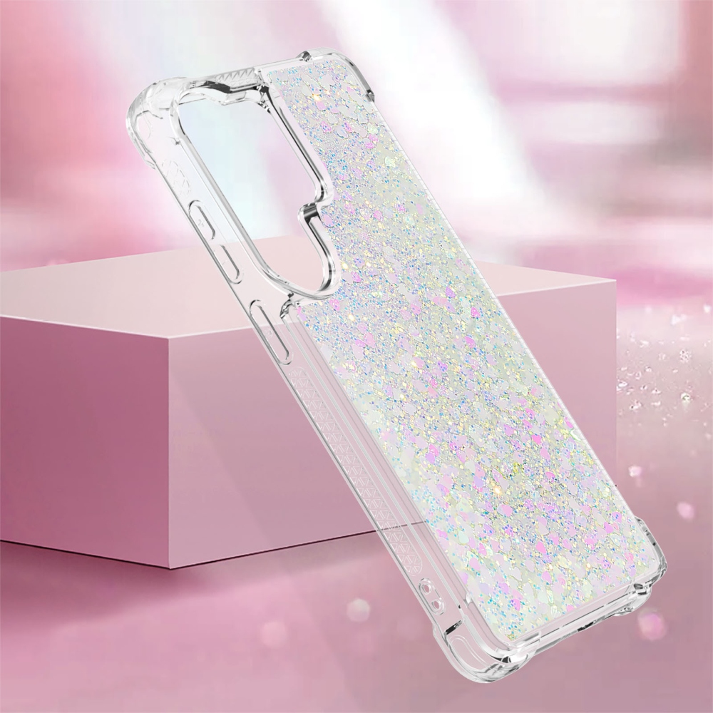 Glitter přesýpací gelový obal na Samsung Galaxy S26 Ultra - růžovostříbrný/srdíčka