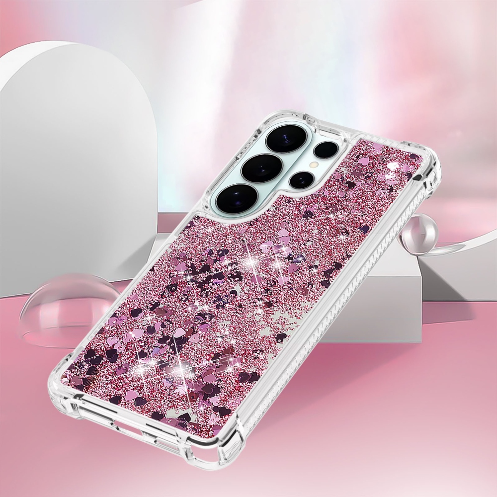 Glitter přesýpací gelový obal na Samsung Galaxy S26 Ultra - růžovozlatý/srdíčka