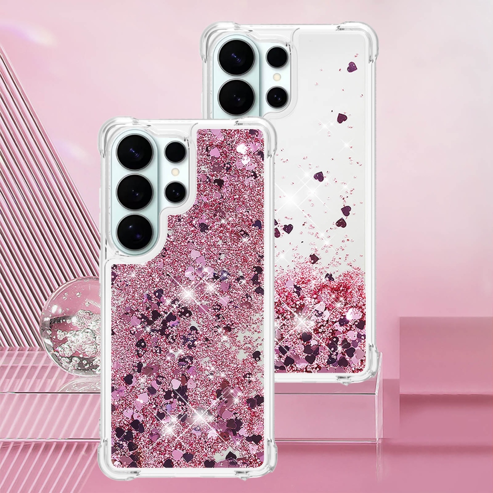 Glitter přesýpací gelový obal na Samsung Galaxy S26 Ultra - růžovozlatý/srdíčka