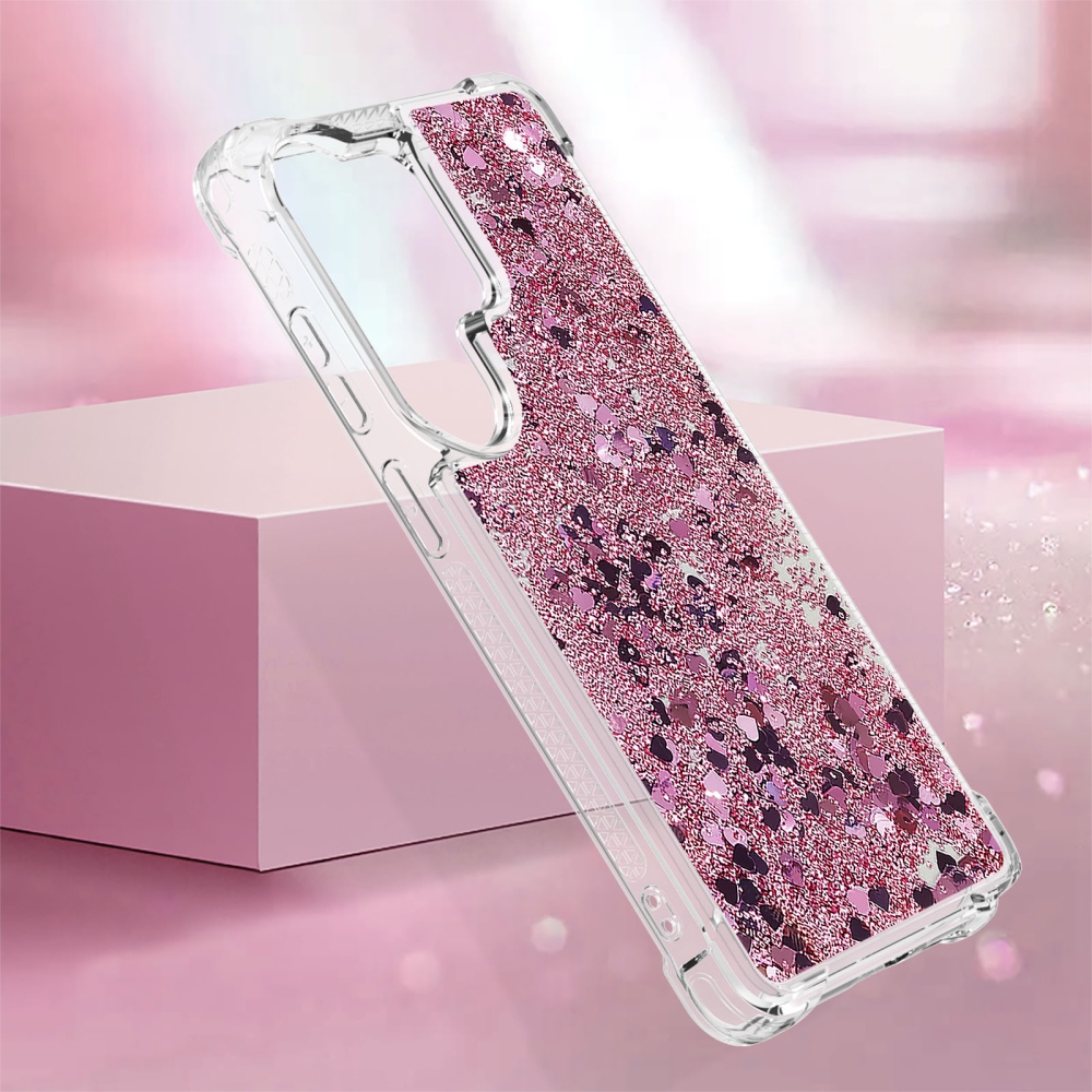 Glitter přesýpací gelový obal na Samsung Galaxy S26 Ultra - růžovozlatý/srdíčka