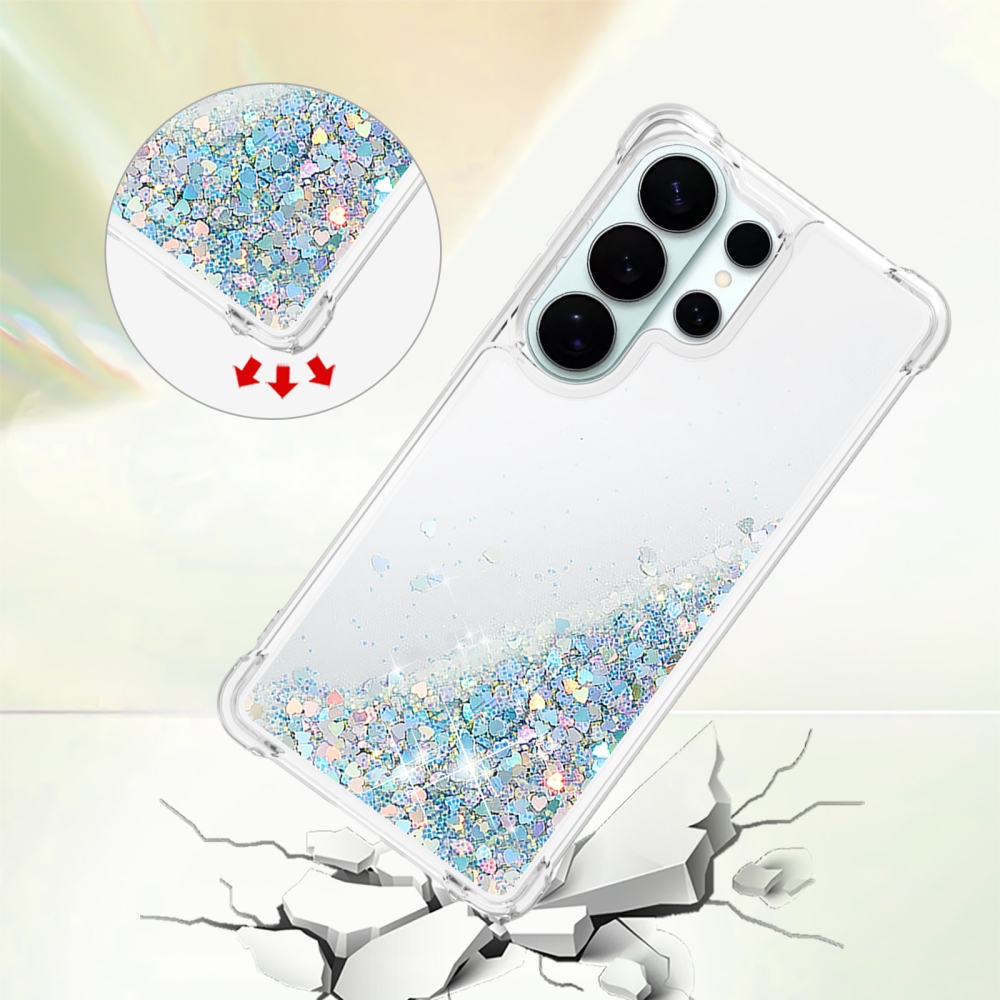 Glitter přesýpací gelový obal na Samsung Galaxy S26 Ultra - stříbrný/srdíčka