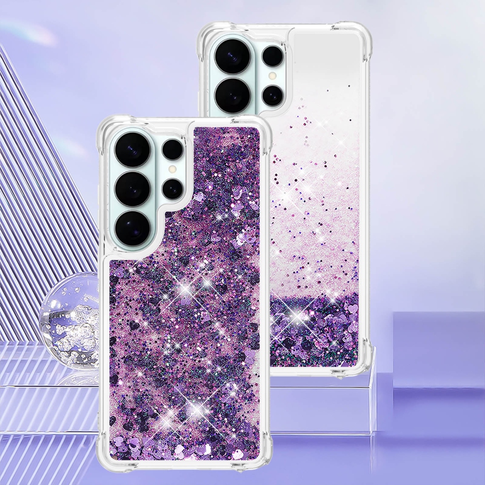 Glitter přesýpací gelový obal na Samsung Galaxy S26 Ultra - tmavěfialový/srdíčka
