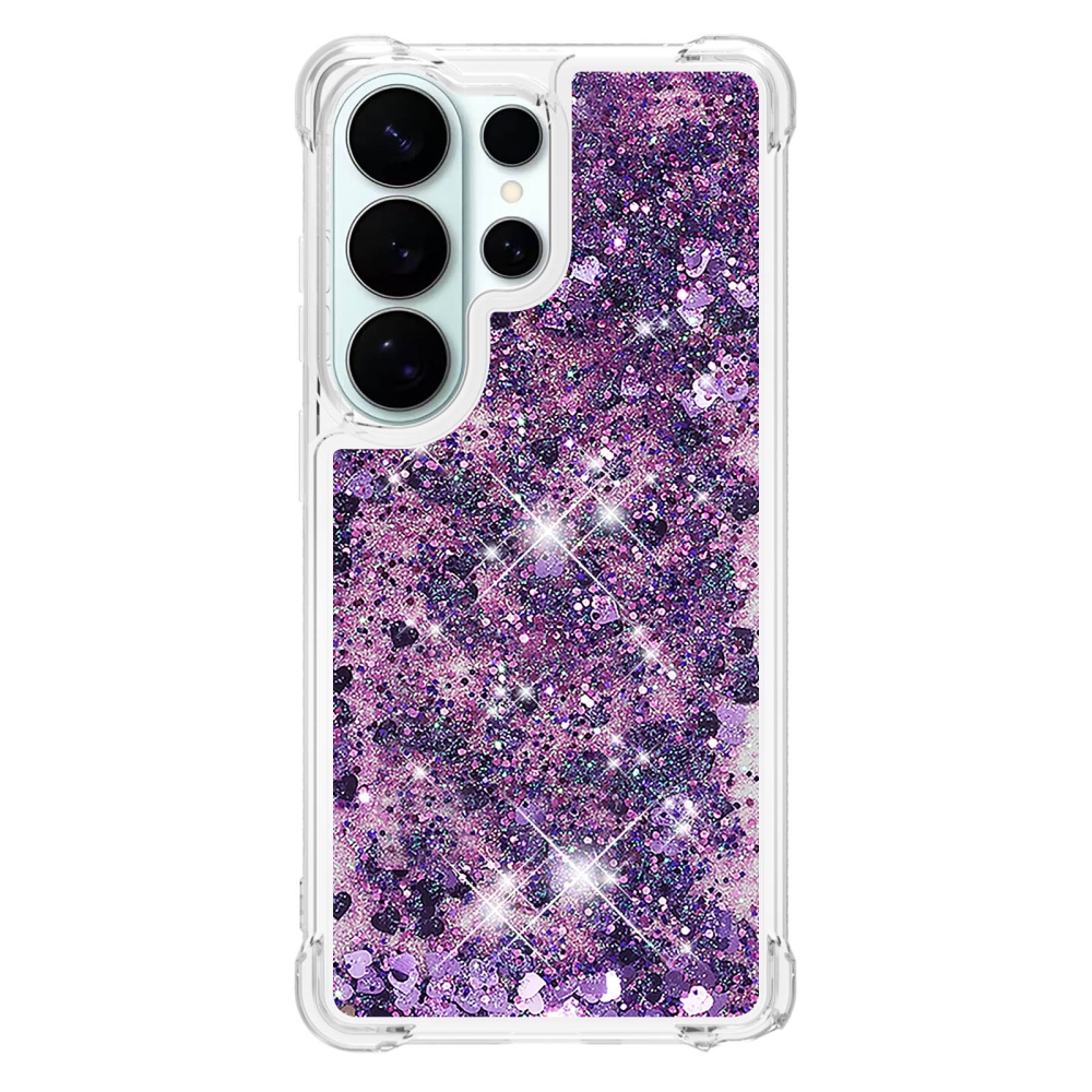 Glitter přesýpací gelový obal na Samsung Galaxy S26 Ultra - tmavěfialový/srdíčka