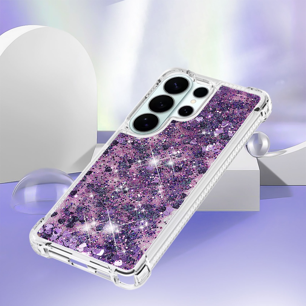 Glitter přesýpací gelový obal na Samsung Galaxy S26 Ultra - tmavěfialový/srdíčka