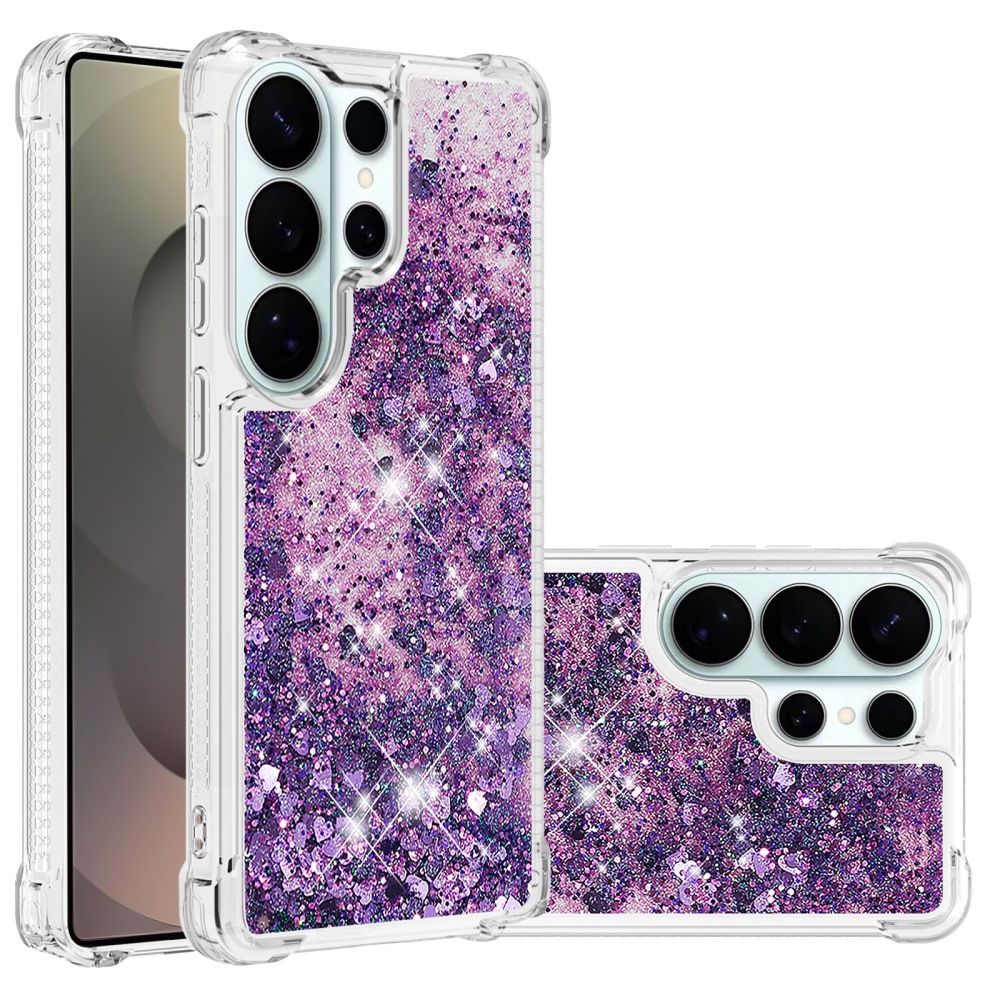 Glitter přesýpací gelový obal na Samsung Galaxy S26 Ultra - tmavěfialový/srdíčka