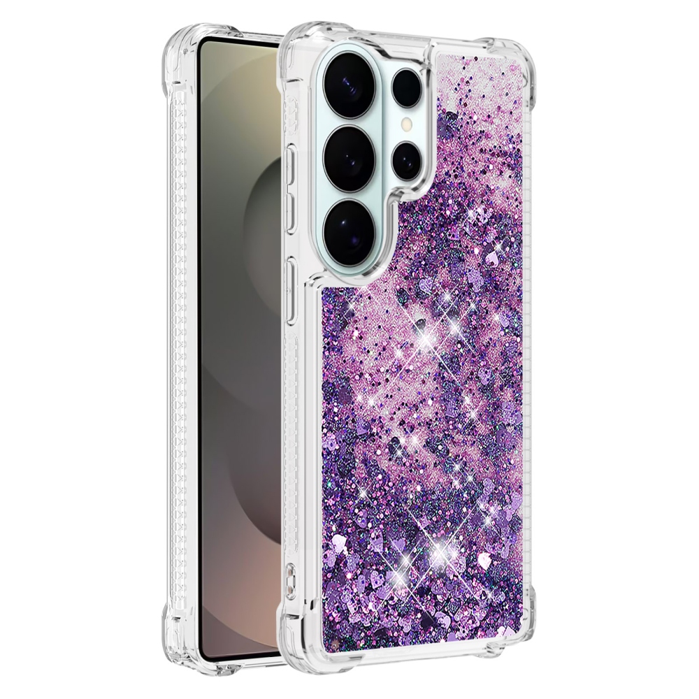 Glitter přesýpací gelový obal na Samsung Galaxy S26 Ultra - tmavěfialový/srdíčka