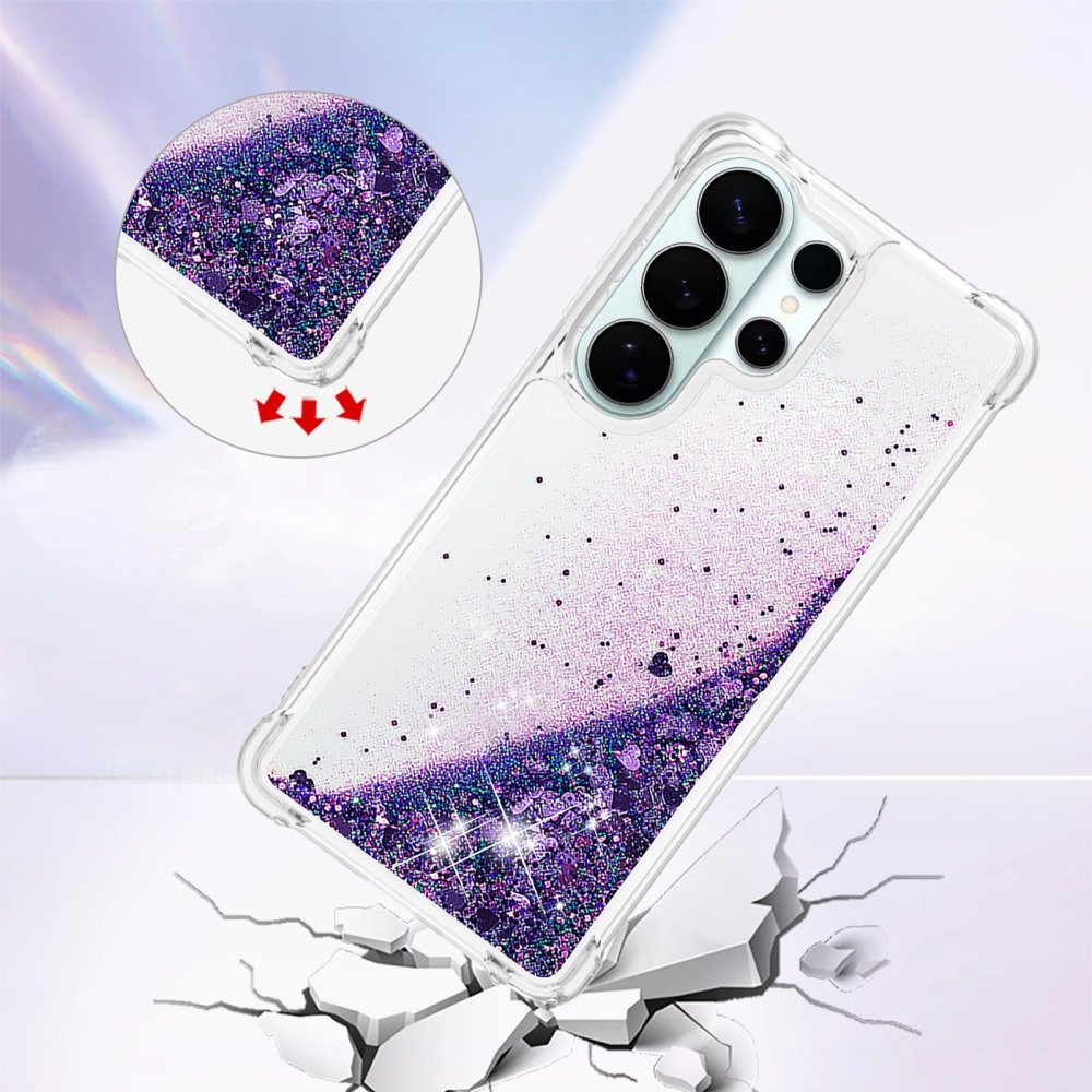 Glitter přesýpací gelový obal na Samsung Galaxy S26 Ultra - tmavěfialový/srdíčka