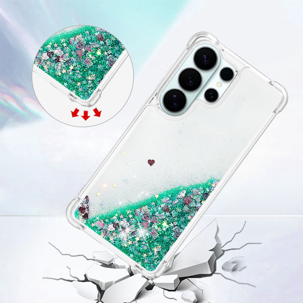 Glitter přesýpací gelový obal na Samsung Galaxy S26 Ultra - zelený/srdíčka