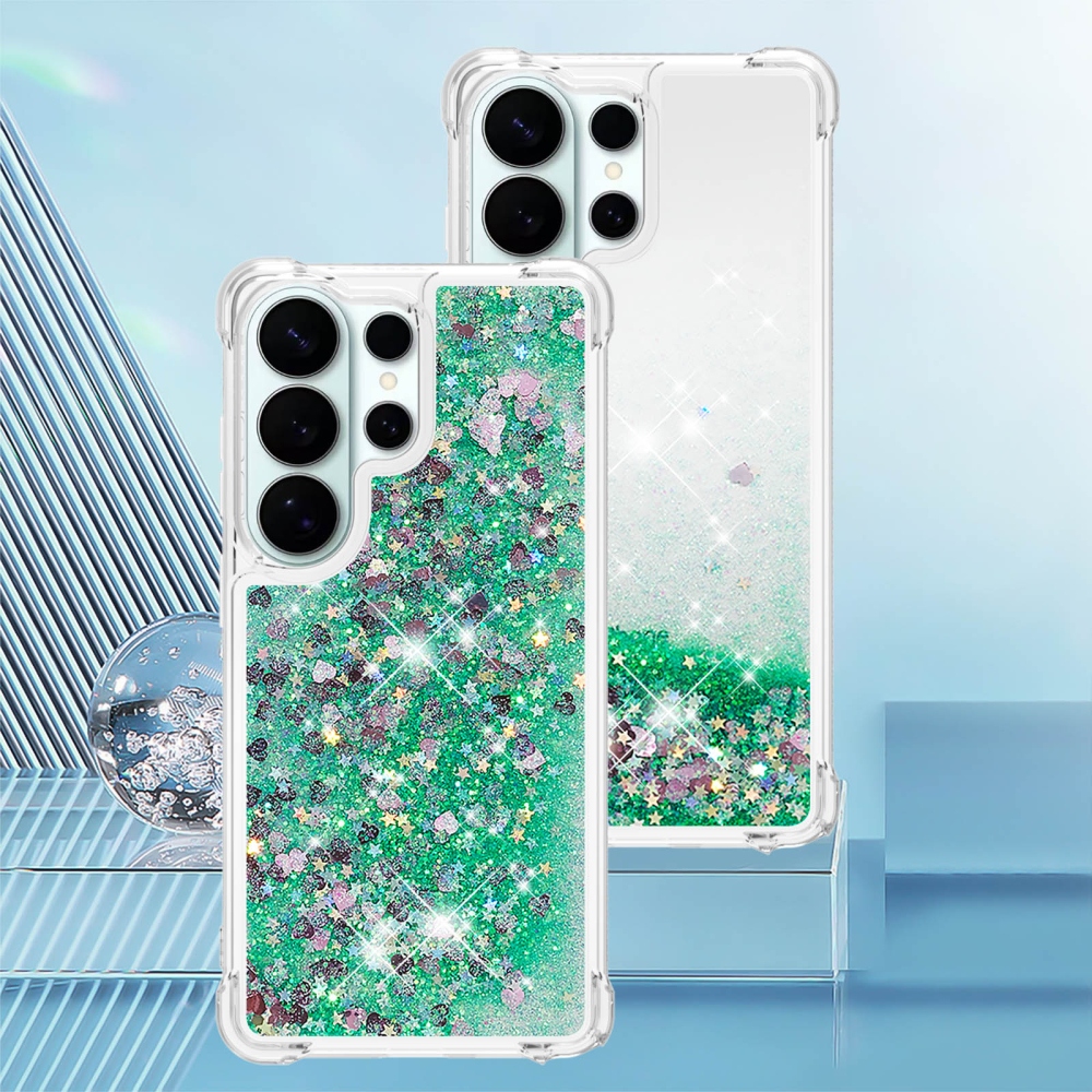 Glitter přesýpací gelový obal na Samsung Galaxy S26 Ultra - zelený/srdíčka