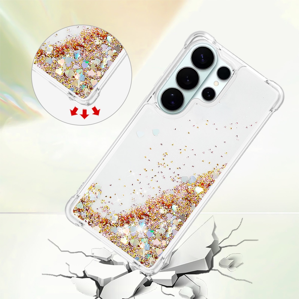 Glitter přesýpací gelový obal na Samsung Galaxy S26 Ultra - zlatý/srdíčka