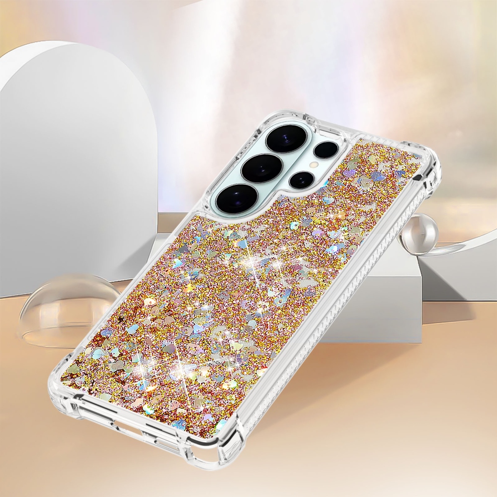 Glitter přesýpací gelový obal na Samsung Galaxy S26 Ultra - zlatý/srdíčka