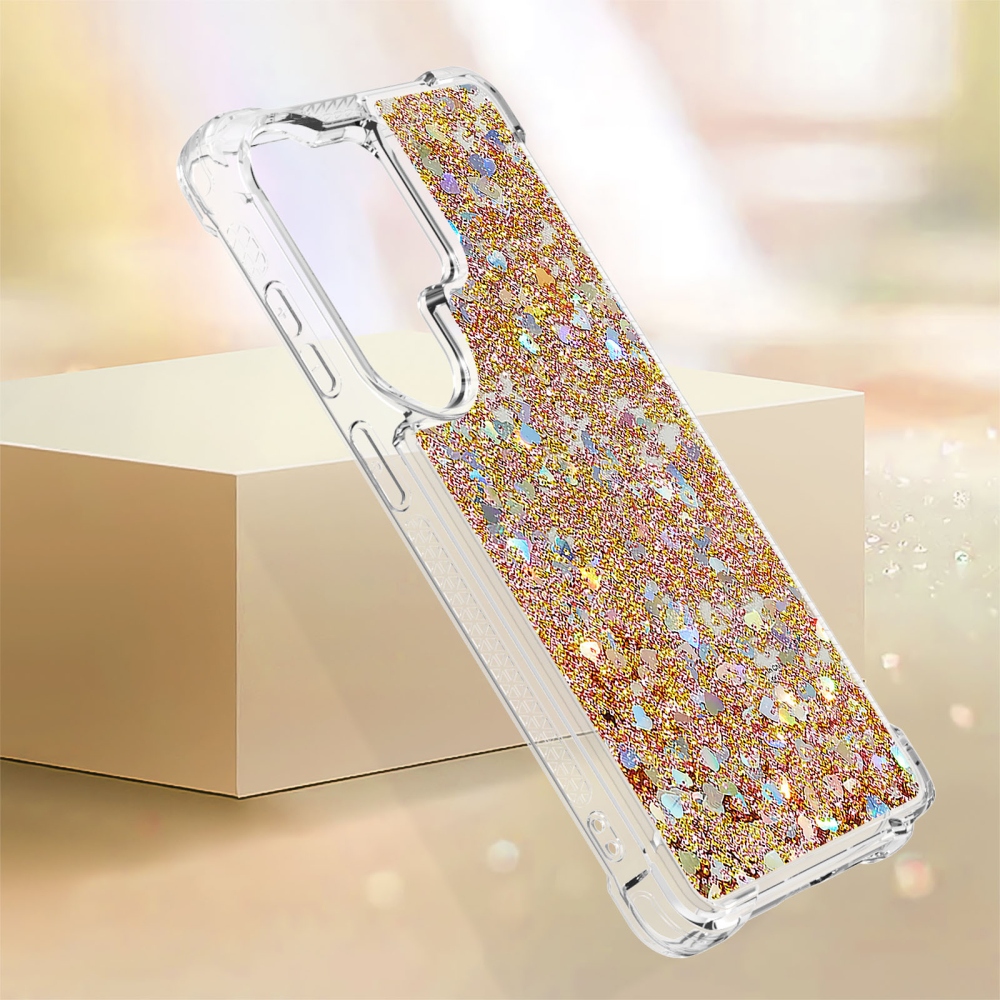 Glitter přesýpací gelový obal na Samsung Galaxy S26 Ultra - zlatý/srdíčka