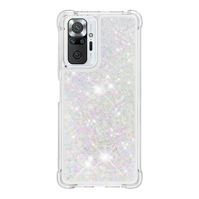 Glitter přesýpací gelový obal na Xiaomi Redmi Note 10 Pro - růžovostříbrný/srdíčka