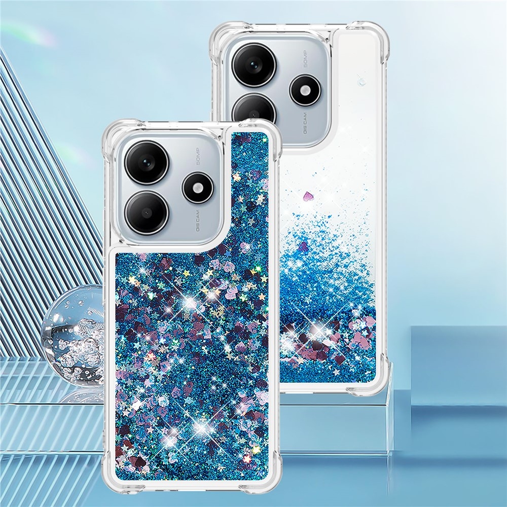 Glitter přesýpací gelový obal na Xiaomi Redmi Note 14 5G - modrý/srdíčka