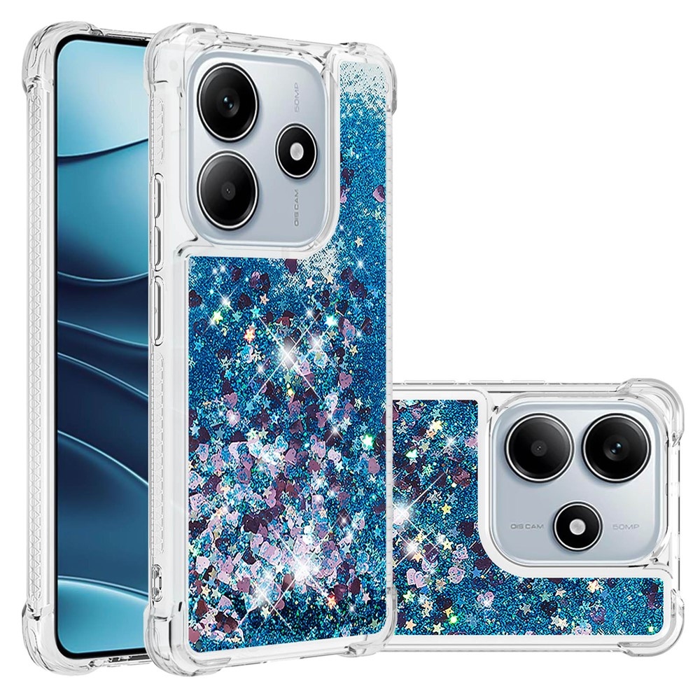 Glitter přesýpací gelový obal na Xiaomi Redmi Note 14 5G - modrý/srdíčka