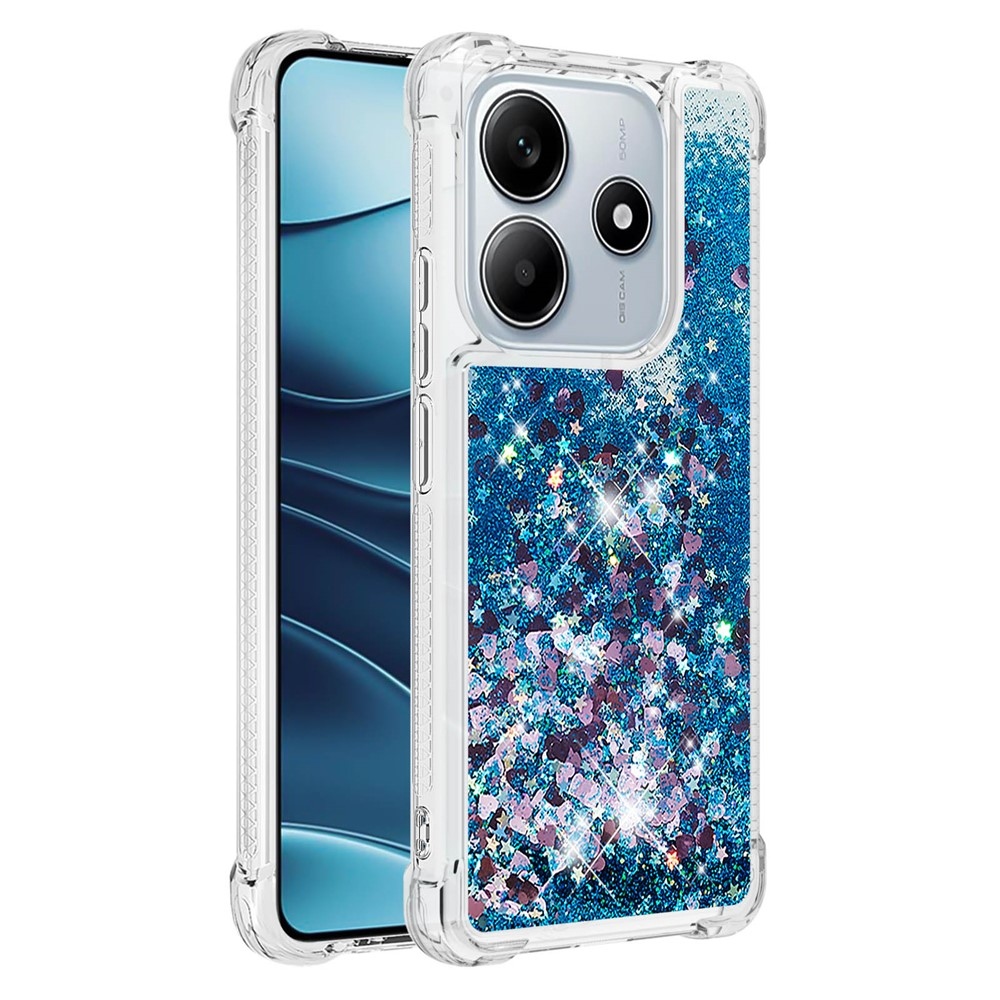 Glitter přesýpací gelový obal na Xiaomi Redmi Note 14 5G - modrý/srdíčka