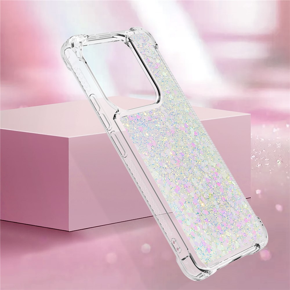 Glitter přesýpací gelový obal na Xiaomi Redmi Note 14 5G - růžovostříbrný/srdíčka