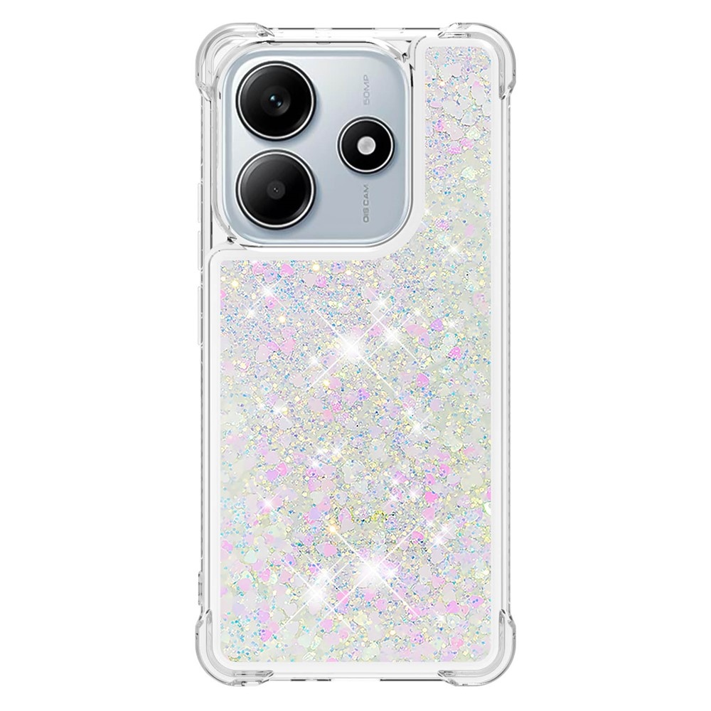 Glitter přesýpací gelový obal na Xiaomi Redmi Note 14 5G - růžovostříbrný/srdíčka
