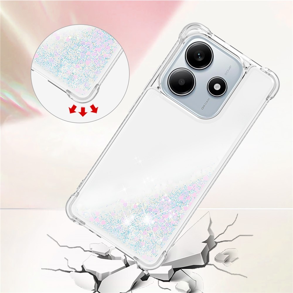 Glitter přesýpací gelový obal na Xiaomi Redmi Note 14 5G - růžovostříbrný/srdíčka