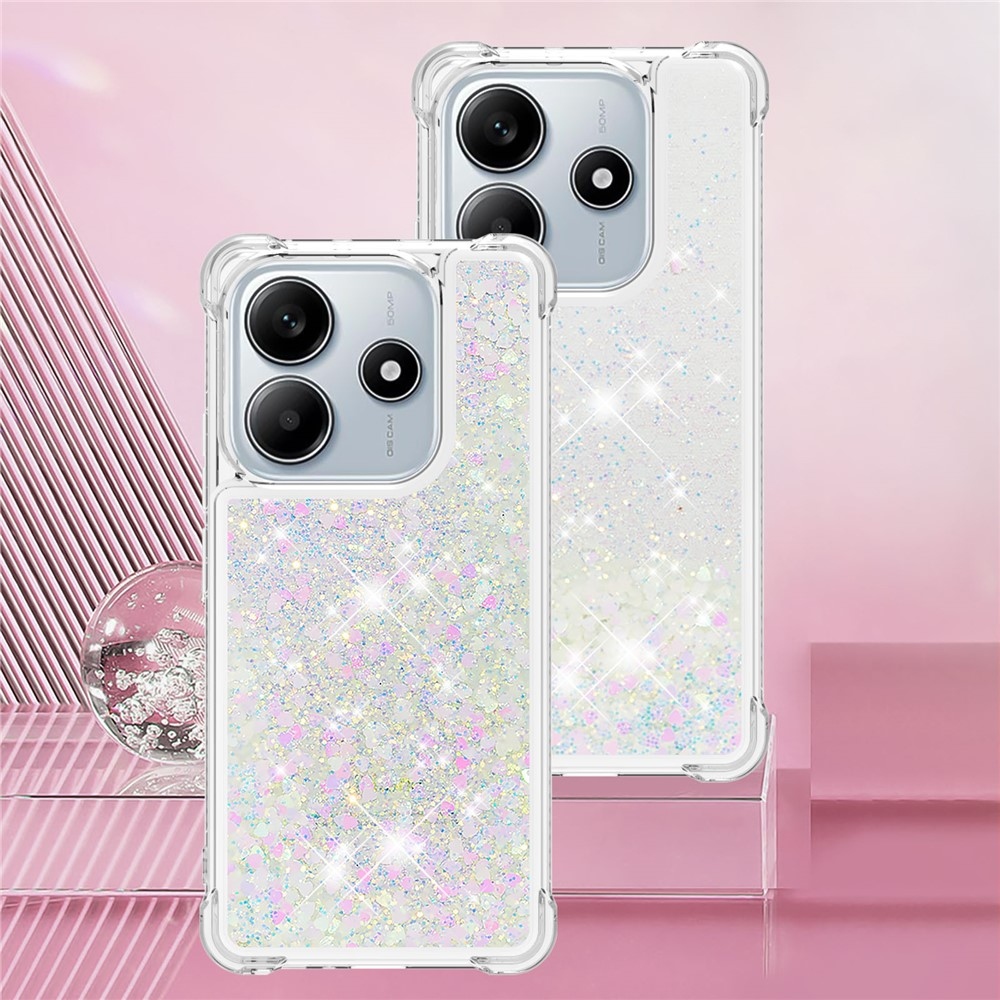 Glitter přesýpací gelový obal na Xiaomi Redmi Note 14 5G - růžovostříbrný/srdíčka