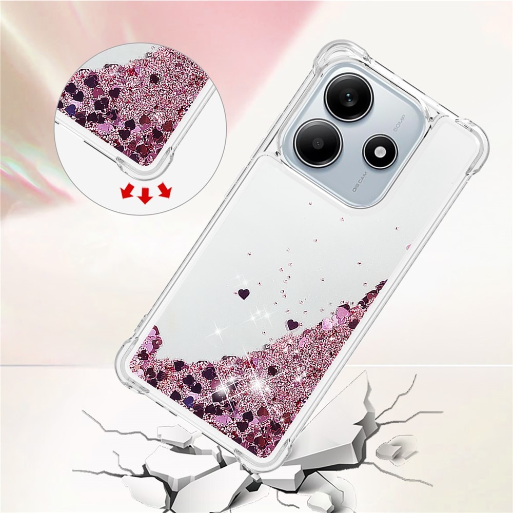 Glitter přesýpací gelový obal na Xiaomi Redmi Note 14 5G - růžovozlatý/srdíčka