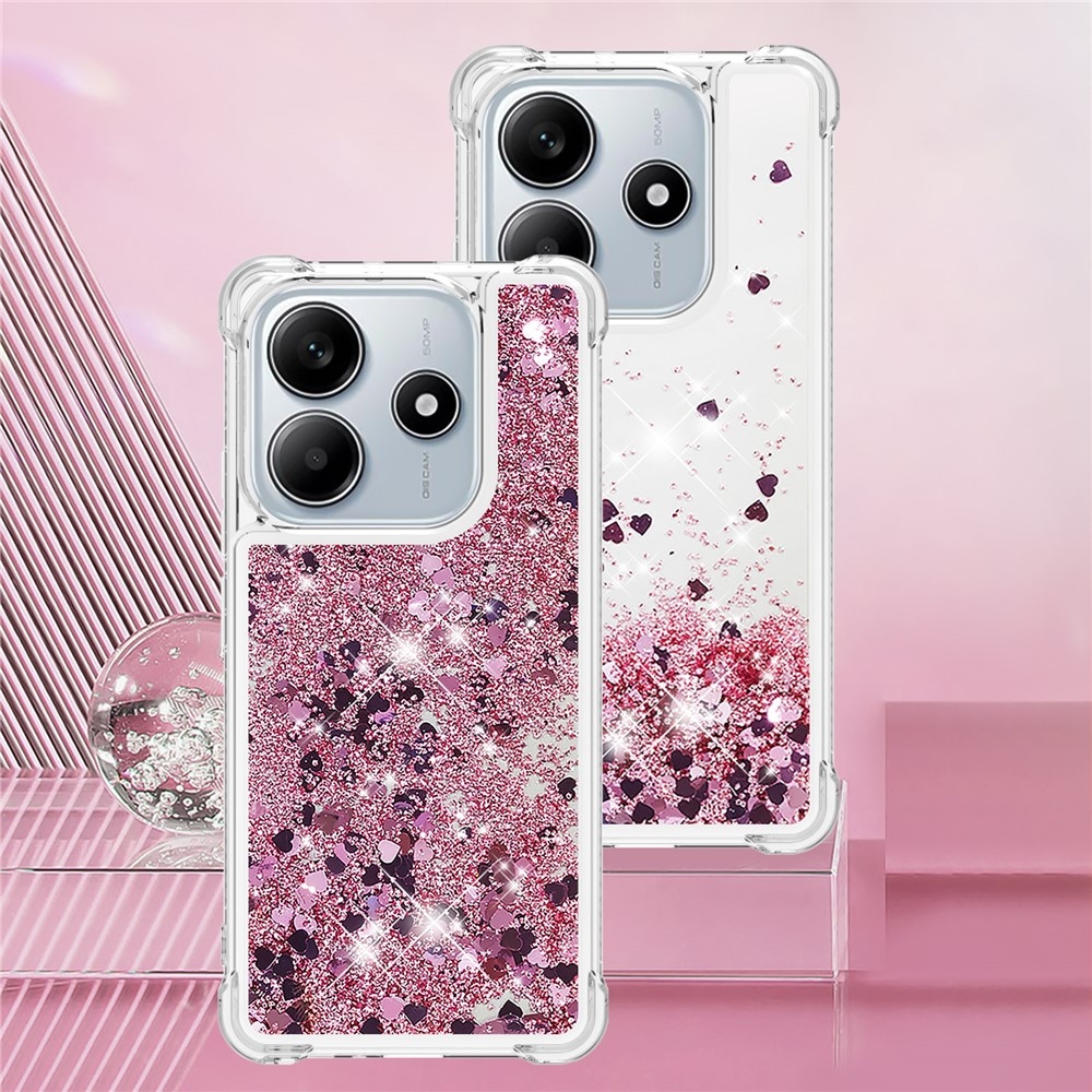 Glitter přesýpací gelový obal na Xiaomi Redmi Note 14 5G - růžovozlatý/srdíčka