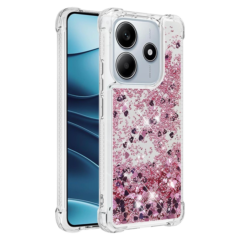 Glitter přesýpací gelový obal na Xiaomi Redmi Note 14 5G - růžovozlatý/srdíčka