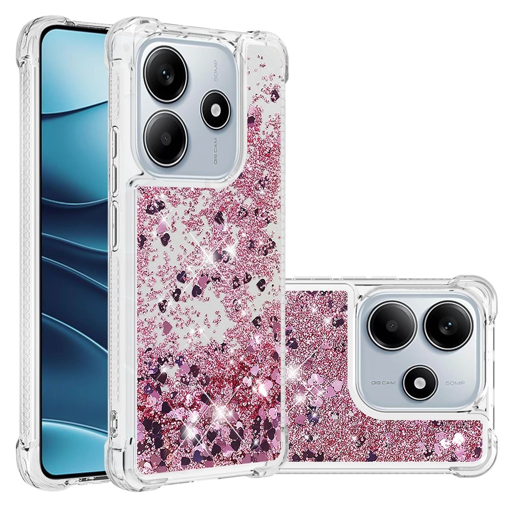 Glitter přesýpací gelový obal na Xiaomi Redmi Note 14 5G - růžovozlatý/srdíčka