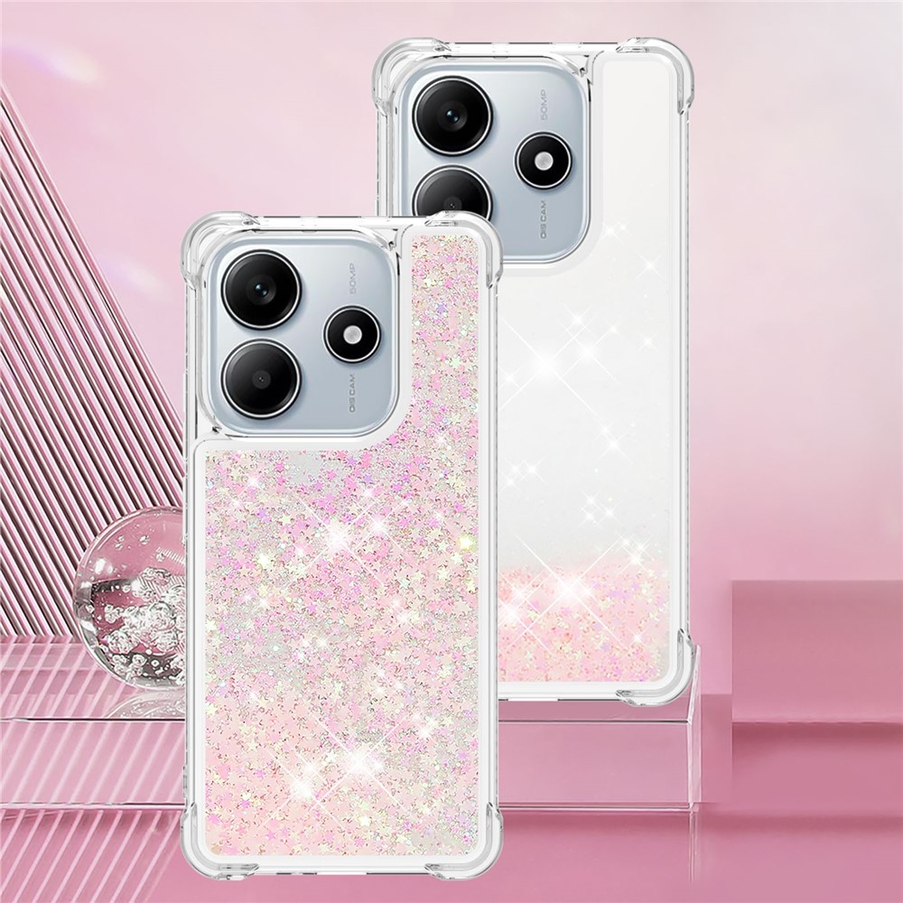 Glitter přesýpací gelový obal na Xiaomi Redmi Note 14 5G - růžový/hvězdičky