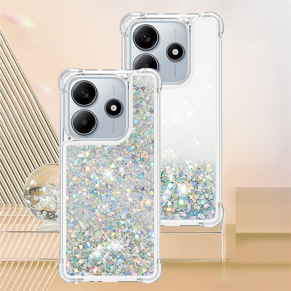 Glitter přesýpací gelový obal na Xiaomi Redmi Note 14 5G - stříbrný/srdíčka