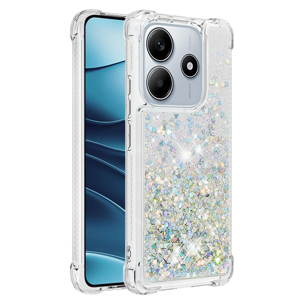 Glitter přesýpací gelový obal na Xiaomi Redmi Note 14 5G - stříbrný/srdíčka