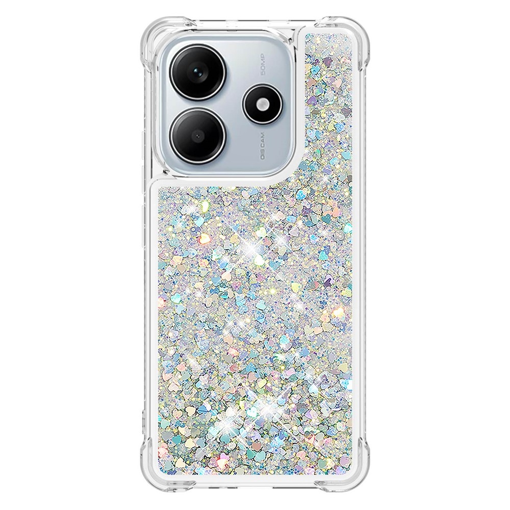 Glitter přesýpací gelový obal na Xiaomi Redmi Note 14 5G - stříbrný/srdíčka