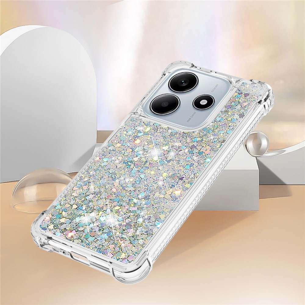 Glitter přesýpací gelový obal na Xiaomi Redmi Note 14 5G - stříbrný/srdíčka