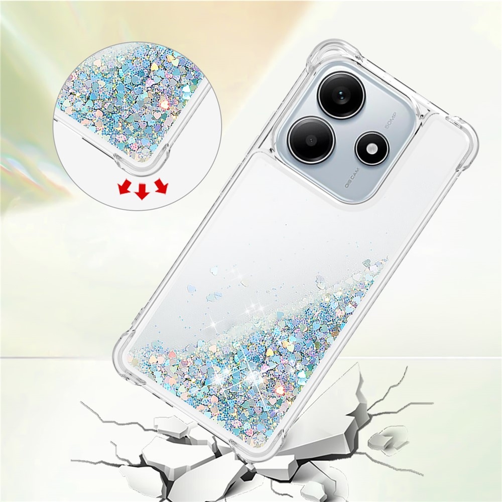 Glitter přesýpací gelový obal na Xiaomi Redmi Note 14 5G - stříbrný/srdíčka