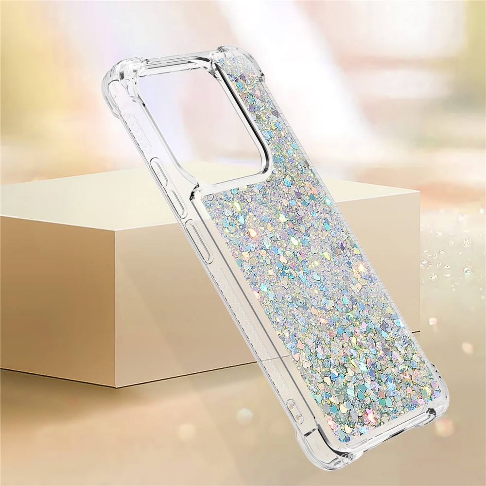 Glitter přesýpací gelový obal na Xiaomi Redmi Note 14 5G - stříbrný/srdíčka