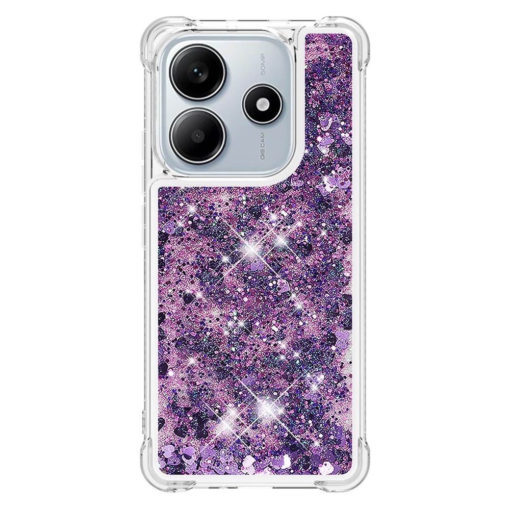 Glitter přesýpací gelový obal na Xiaomi Redmi Note 14 5G - tmavěfialový/srdíčka