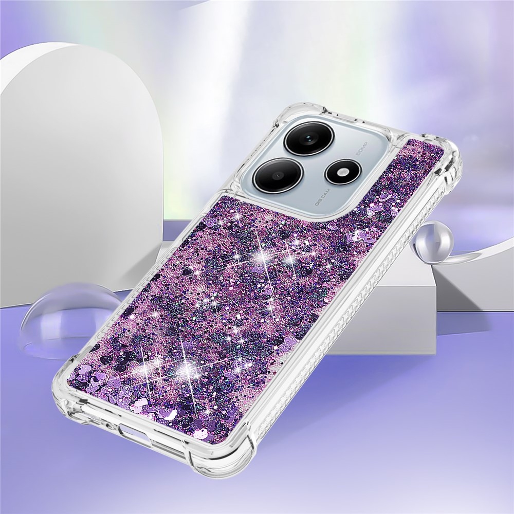 Glitter přesýpací gelový obal na Xiaomi Redmi Note 14 5G - tmavěfialový/srdíčka