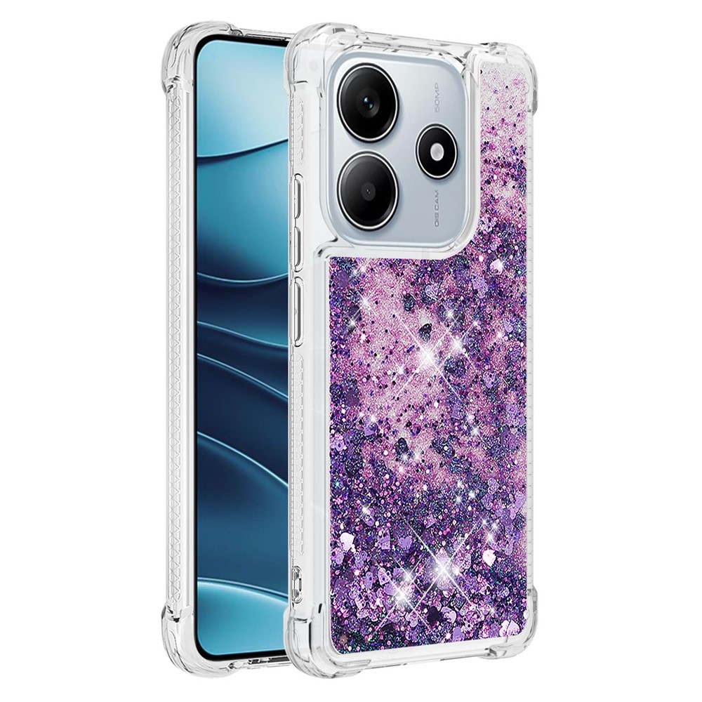 Glitter přesýpací gelový obal na Xiaomi Redmi Note 14 5G - tmavěfialový/srdíčka