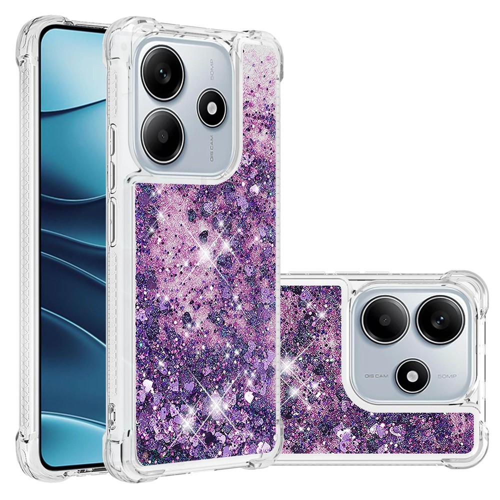 Glitter přesýpací gelový obal na Xiaomi Redmi Note 14 5G - tmavěfialový/srdíčka