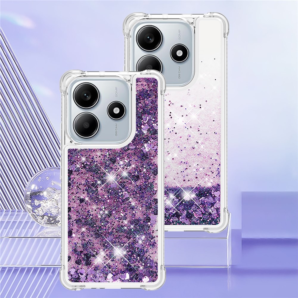 Glitter přesýpací gelový obal na Xiaomi Redmi Note 14 5G - tmavěfialový/srdíčka